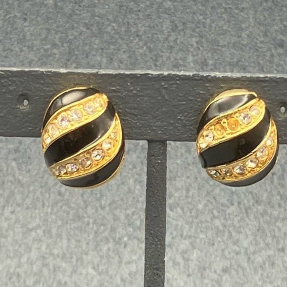 Clip On Earrings As Is Gold Rhinestone Black Enamel Curve Curl Vintage - Picture 1 of 6